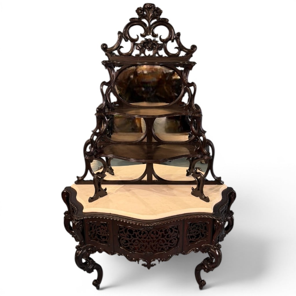 Important American Rococo Revival Laminated Rosewood Etagere, Attr. to J. & J.W. Meeks: Important American Rococo Revival carved and laminated rosewood marble-top Etagere, New York, mid-19th century, attributed to J. & J.W. Meeks. The elaborate open crest with bold laminated C-scrolls,