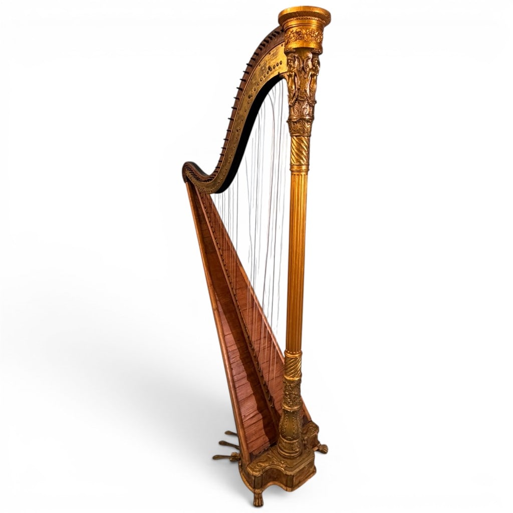 A. Campiglia, Philadelphia, Giltwood Pedal Harp: Fine decorative giltwood pedal harp, bearing engraved brass plate reading ?A. Campiglia, Harp Maker, Philadelphia, Pa.,? the arched frame with gilt column, carved figural capital, paw-form feet,