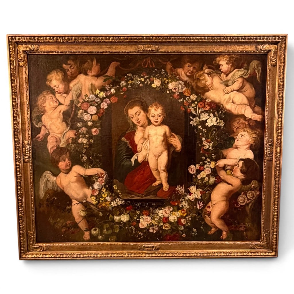 Oil on Canvas, 18th C. Madonna After Rubens/Brueghel: Continental School, 18th Century, After Sir Peter Paul Rubens and Jan Brueghel the Elder, ?Madonna in a Garland of Flowers,? oil on canvas, depicting the Virgin and Christ Child within a devotional im