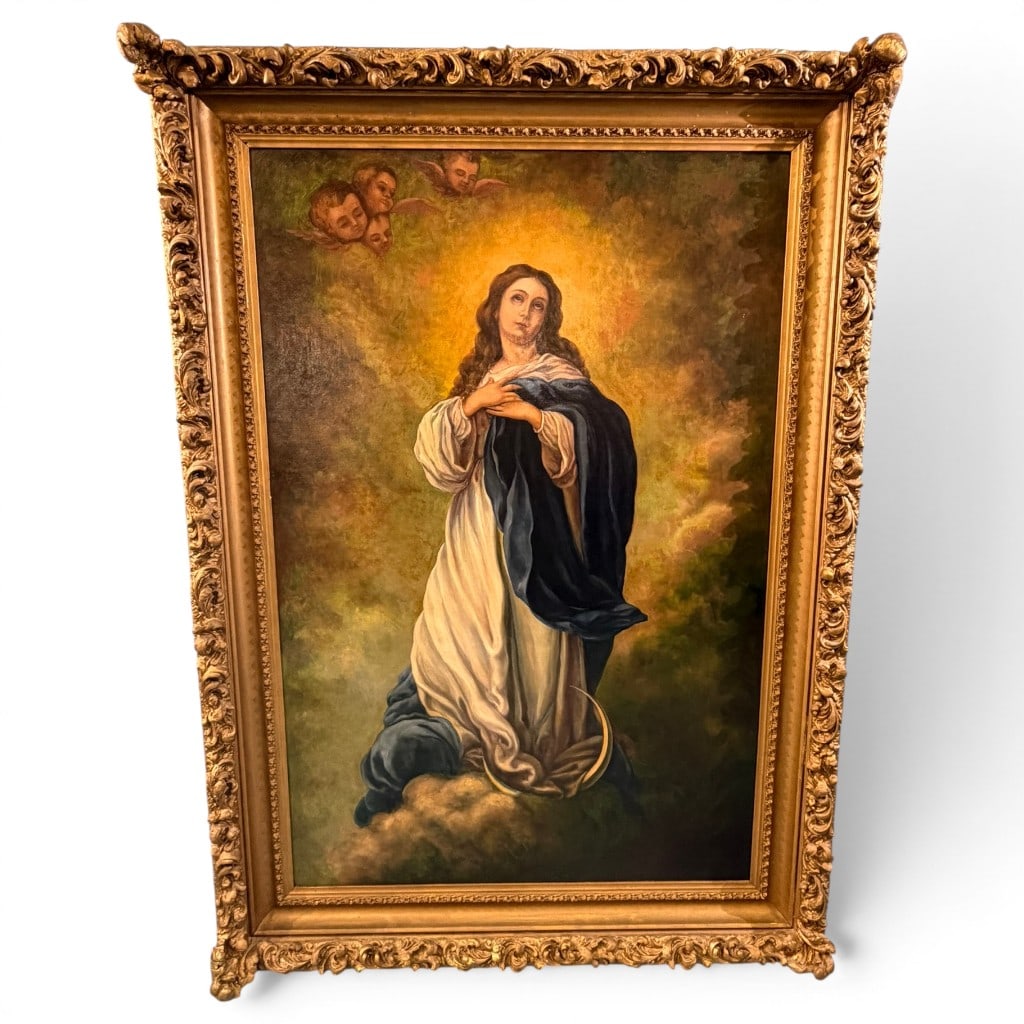 Oil on Canvas, Continental School, after Bartolom Esteban Murillo, "The Immaculate Conception": Continental School, late 19th century, after Bartolom Esteban Murillo, "The Immaculate Conception," oil on canvas, unsigned. Large devotional painting depicting the Virgin Mary standing upon clouds an