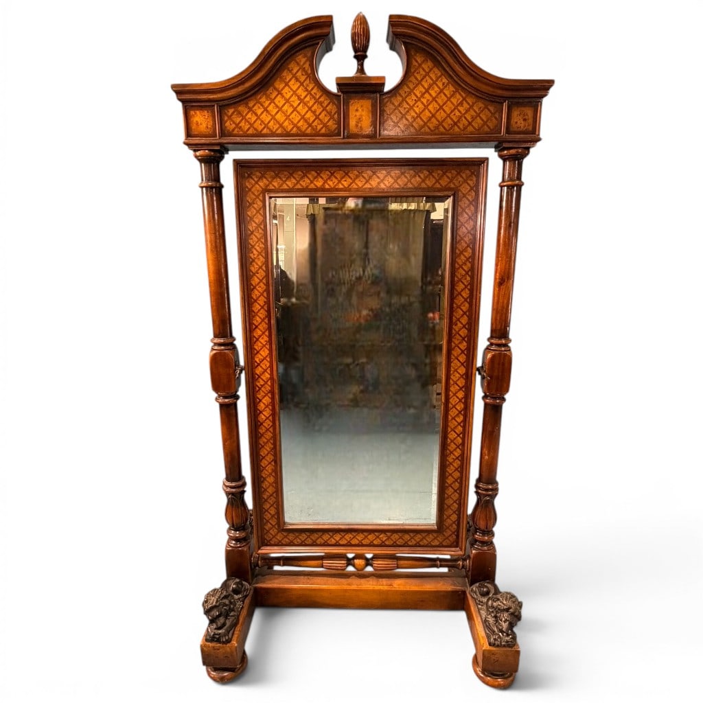 American Renaissance Revival Marquetry Cheval Mirror with Bronze Lion Mounts (1 of 5)