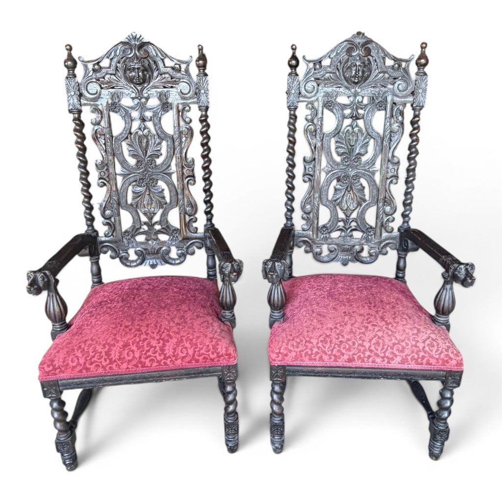 Pair of Renaissance Revival Carved Walnut Armchairs, Late 19th Century (1 of 8)