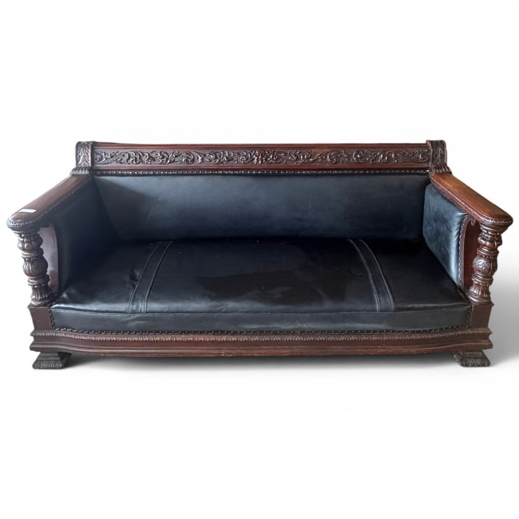 R.J. Horner Carved Mahogany and Black Leather Sofa, Period, Late 19th Century (1 of 7)