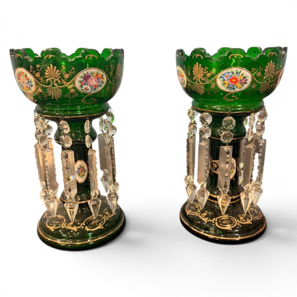 Pair Bohemian Green Glass Mantel Lusters, Late 19th C. (1 of 5)