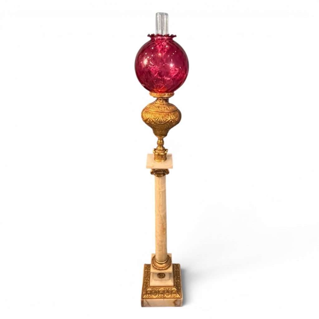 Victorian Alabaster and Gilt Metal Banquet Floor Lamp: Victorian banquet-style floor lamp with a tall alabaster column standard rising from a stepped square alabaster and gilt metal base, the lamp body in ornate gilt metal with embossed acanthus, shell,