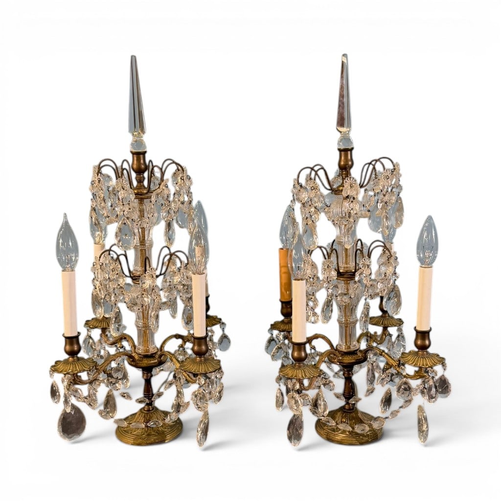 Pair Victorian Brass and Crystal Girandole Candelabra Lamps: Pair of Victorian brass and crystal girandole candelabra lamps, late 19th/early 20th century, each having a brass and glass standard with cut crystal center column, tall faceted crystal spire finial,