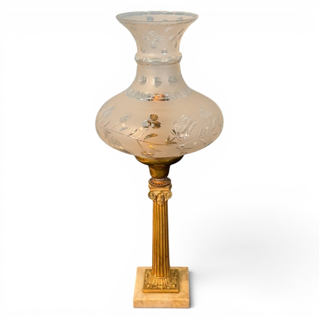 Classical Gilt Metal and Marble Solar Table Lamp: Classical-style table lamp with a fluted gilt metal column standard on a square marble base, supporting a brass oil-style burner and fitted with a frosted and cut glass shade. The shade is decorated