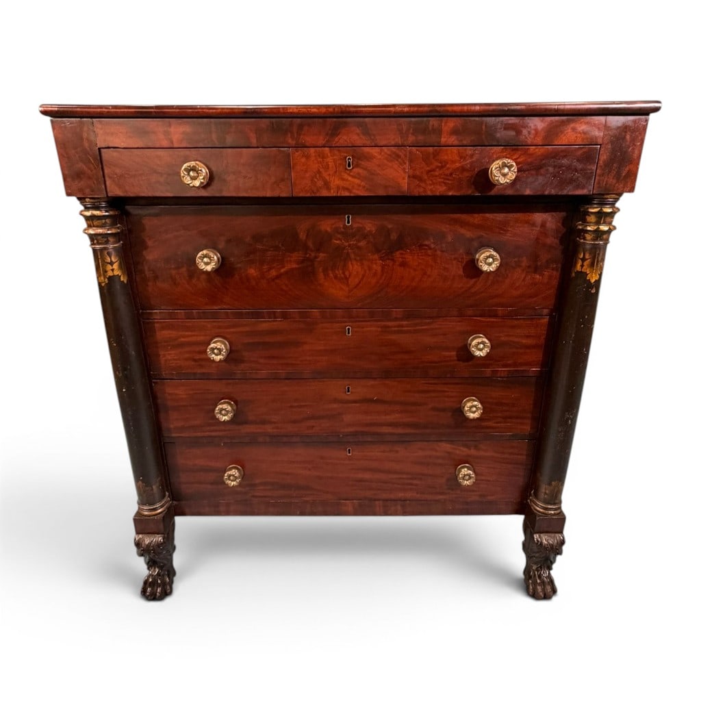 American Classical Stenciled Mahogany Chest of Drawers, New York: American Classical mahogany chest of drawers, New York, circa 1825?1840, having a rectangular case with rounded front molding over a projecting upper drawer divided visually as two short drawers
