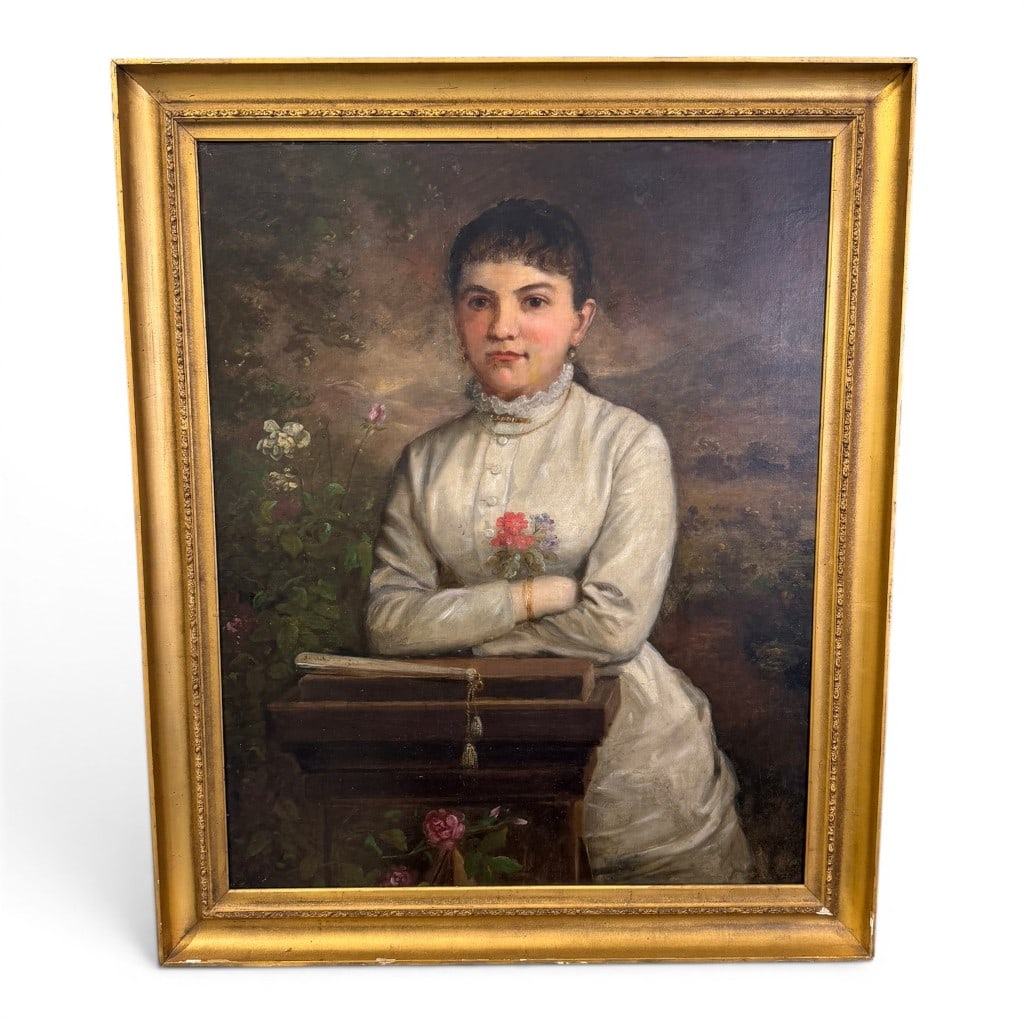 Oil on Canvas Portrait of a Young Woman, 1886, Attr. to William Garl Browne Jr.: Attributed to William Garl Browne Jr. or Wm. Garl Browne Jr., English-American, 1823?1894, oil on canvas portrait of a young woman in a white high-collared dress, seated beside a writing slope or lap