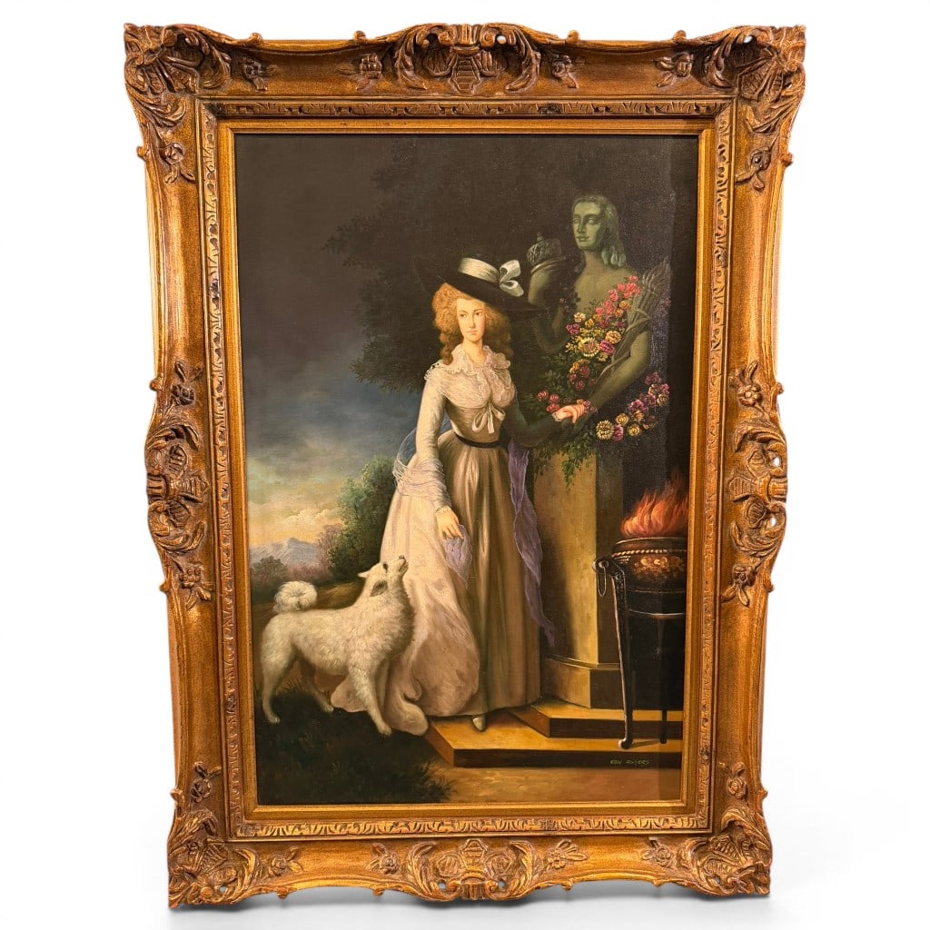 Oil on Canvas portrait after John Hoppner's Portrait of H.R.H. Frederica Charlotte Ulrica, 20th C.: Ken Rogers, 20th century, oil on canvas portrait after John Hoppner's "Portrait of H.R.H. Frederica Charlotte Ulrica, Princess Royal of Prussia and Duchess of York." Signed lower right "Ken Rogers." T