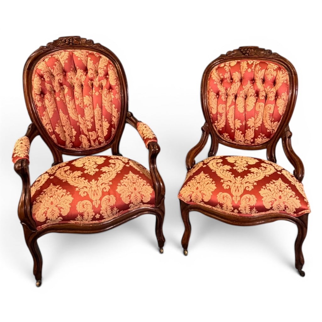 Pair of Victorian Carved Walnut Parlor Armchairs, Gentleman?s and Lady?s Chairs (1 of 6)