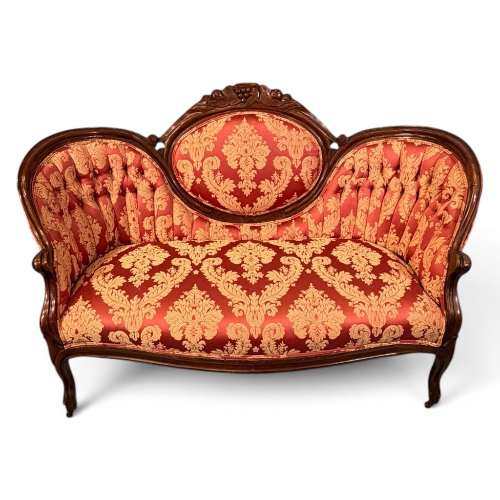 Victorian Walnut Balloon-Back Settee with Damask Upholstery (1 of 5)