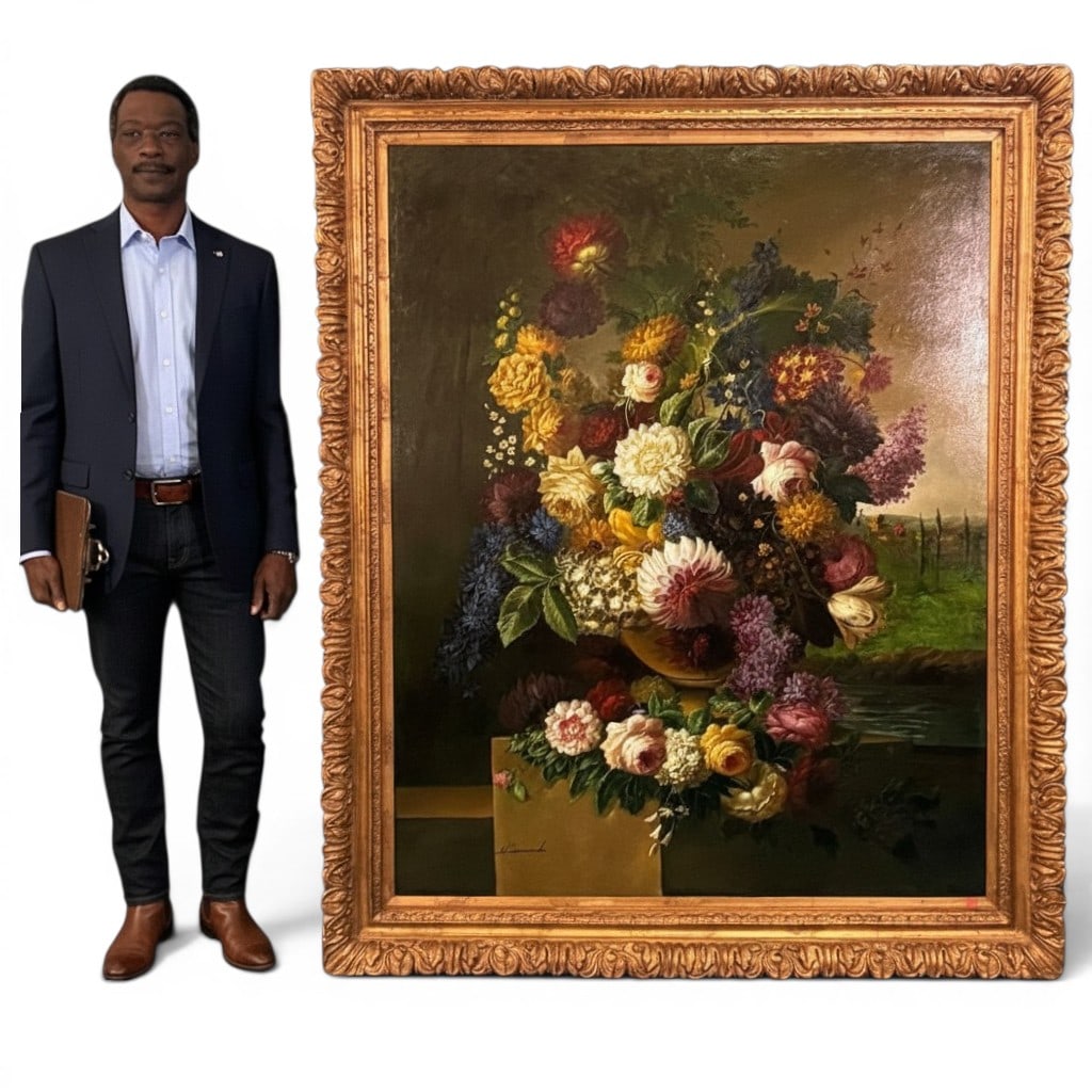 Large Framed Floral Still Life Oil on Canvas, Signed N. Leonardo: Large floral still life oil on canvas, signed lower left ?N. Leonardo,? depicting an abundant arrangement of roses, dahlias, lilacs, and other flowers in a classical urn, set within a landscape and ar