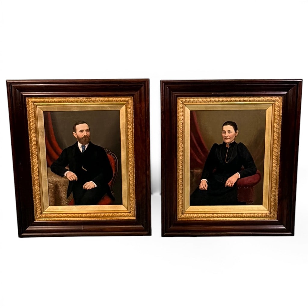 Pair of American School Portraits of a Gentleman and Lady, 19th Century: Pair of late 19th-century American School oil on canvas portrait paintings, possibly executed over or after photographic enlargements, depicting a seated gentleman and lady, likely husband and wife,