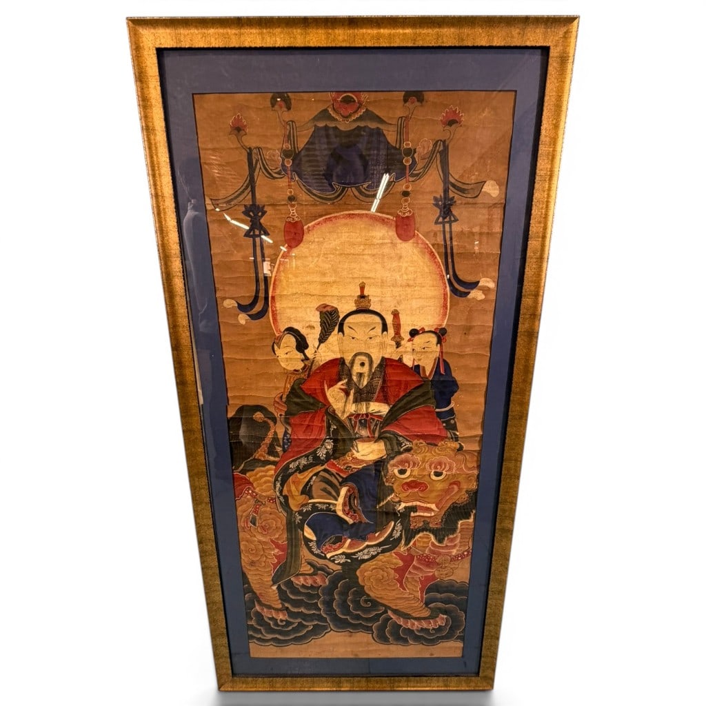 Large Chinese Daoist Celestial Official Painting on Qilin, 19th Century: Large Chinese Daoist celestial official painting, likely 19th century, ink and color on paper or silk, depicting an enthroned bearded deity or heavenly official seated upon a qilin or lion-like