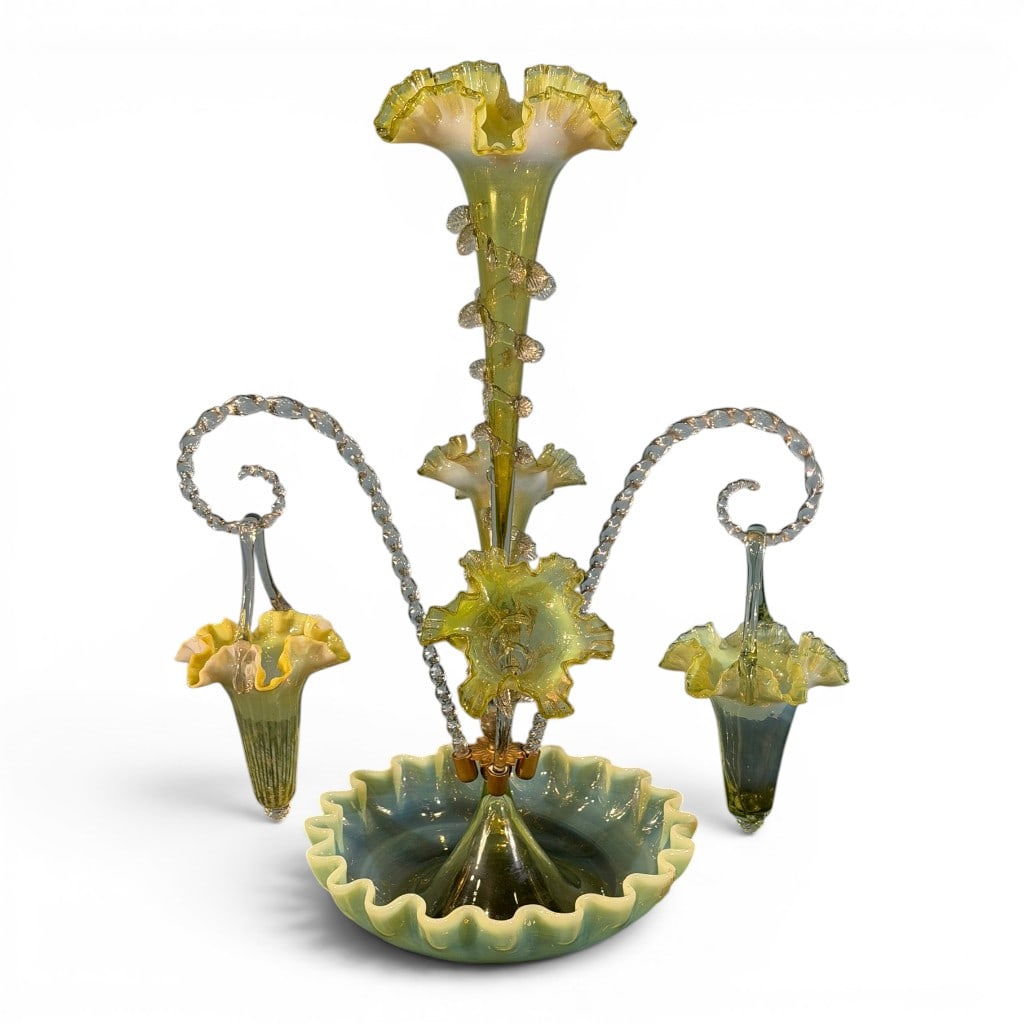 Victorian Vaseline Opalescent Glass Hanging Basket Epergne (1 of 5)
