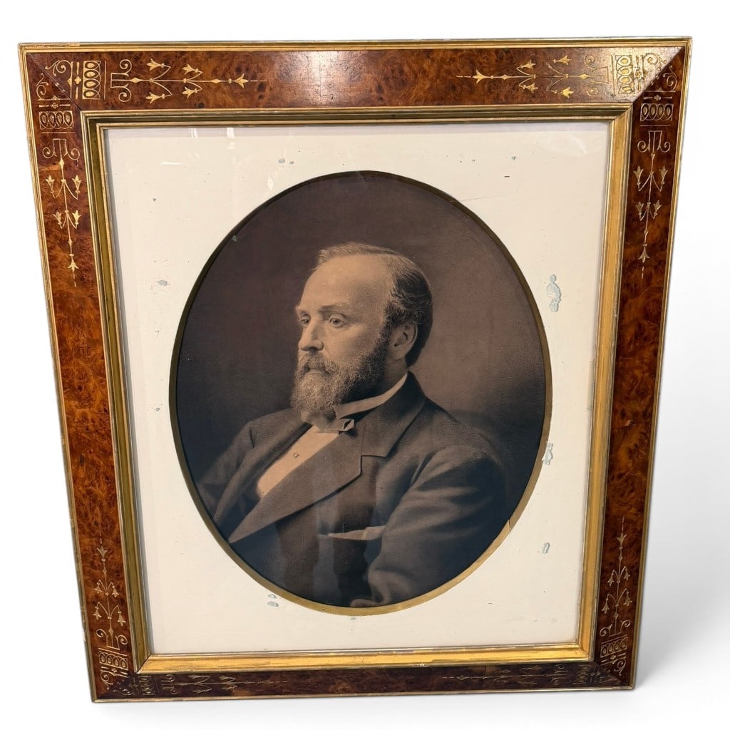 Large Framed Charcoal Portrait of Ulysses S. Grant, Late 19th Century: A large late 19th-century charcoal portrait depicting Ulysses S. Grant, shown bust-length in formal attire with bow tie and full beard, set within an oval mat and housed in an impressive