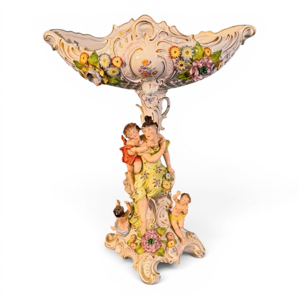 Continental Dresden-Style Porcelain Figural Centerpiece: Continental Dresden-style porcelain figural centerpiece, late 19th to early 20th century, modeled with a large pierced and reticulated basket-form bowl above a figural standard of a classical maiden