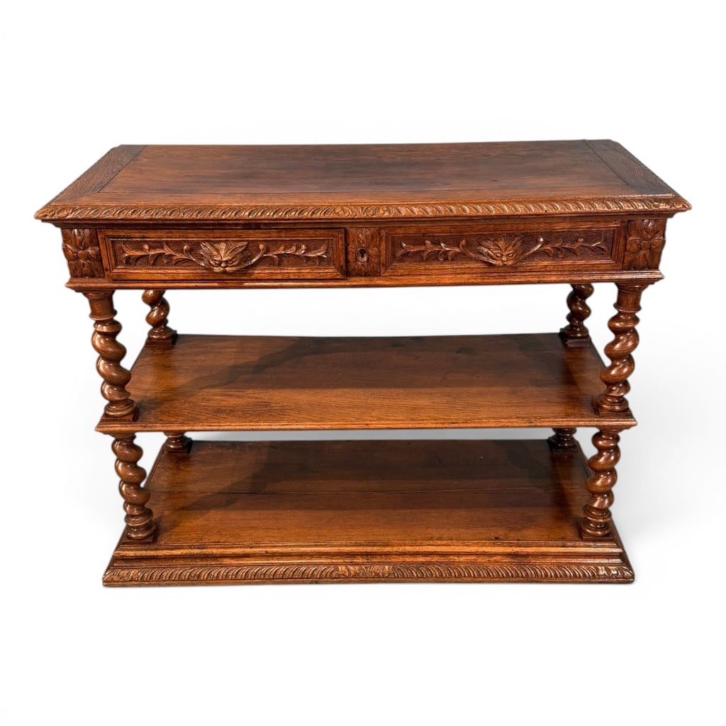 Jacobean Revival Carved Oak Library Table: Jacobean Revival carved oak library table, late 19th/early 20th century, having a rectangular top with molded and carved gadrooned edge above two frieze drawers carved with foliate scrollwork and cent