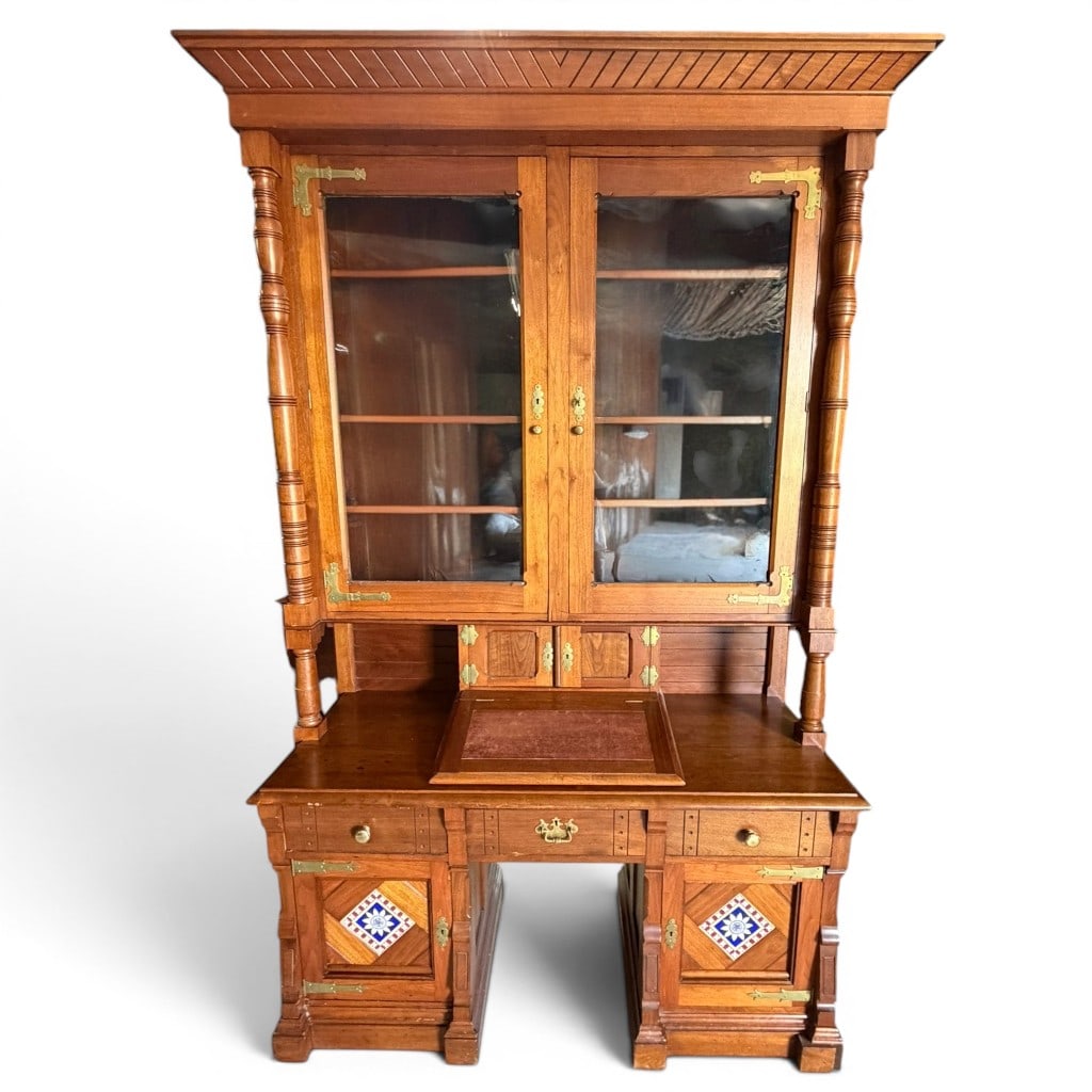 Victorian-Style Oak and Tile Bookcase Secretary: Large Victorian-style bookcase secretary in warm oak finish, the upper section with molded cornice and incised linear decoration above two glazed cabinet doors flanked by full-height turned columns, o