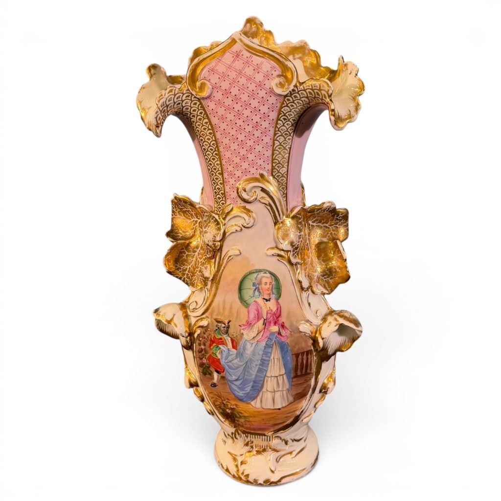 Large Old Paris Porcelain Rococo Revival Vase: Large Old Paris porcelain Rococo Revival vase, 19th century, having a tall shaped body with flared foliate rim, pink lattice panel decoration, applied leaf and floral ornament, and extensive gilt