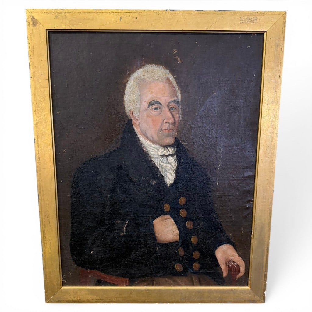 Folk Portrait of T. Latimer, Esq., Surgeon, Painted by Nephew Joseph Lander, 1828: Oil on canvas folk portrait of a gentleman, identified by verso inscription as ?T. Latimer Esq., Surgeon, Painted by His Nephew Joseph Lander, 1828.? The sitter is shown three-quarter length, seated,