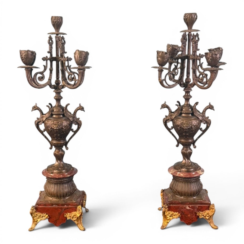 Pair of Continental Renaissance Revival Patinated Metal and Marble Five-Light Candelabra: Pair of Continental Renaissance Revival patinated bronze or bronze-patinated metal five-light candelabra, late 19th century, each having a central standard with raised candle cup above four scrolling