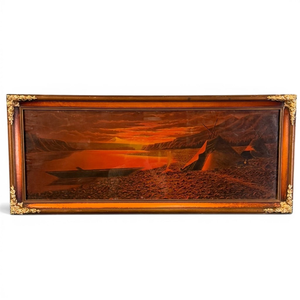 Panoramic Gifford Landscape Print in Original Frame: Panoramic landscape print after Gifford, depicting a lakeside encampment at sunset with canoe, tents, mountains, and dramatic orange sky. Signed in the plate lower right ?Gifford.? Housed under glass
