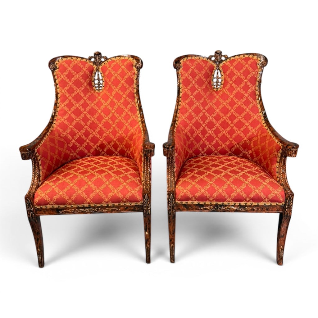 Pair of Regency-Style Faux-Grained and Gilt-Decorated Armchairs: Pair of Regency-style armchairs, each with shaped high upholstered back and seat in red and gold lattice-pattern fabric, the crest with pierced carved anthemion splat detail above downswept arms,