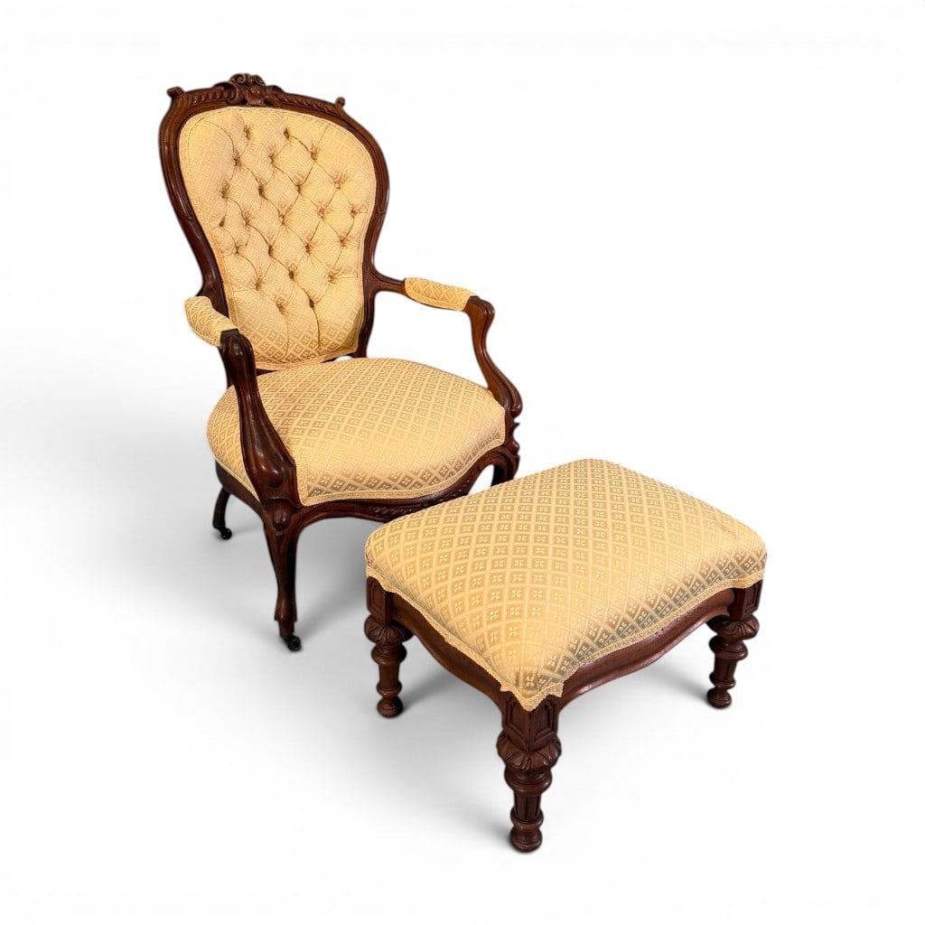 Victorian Rococo Revival Walnut Armchair and Ottoman (1 of 6)