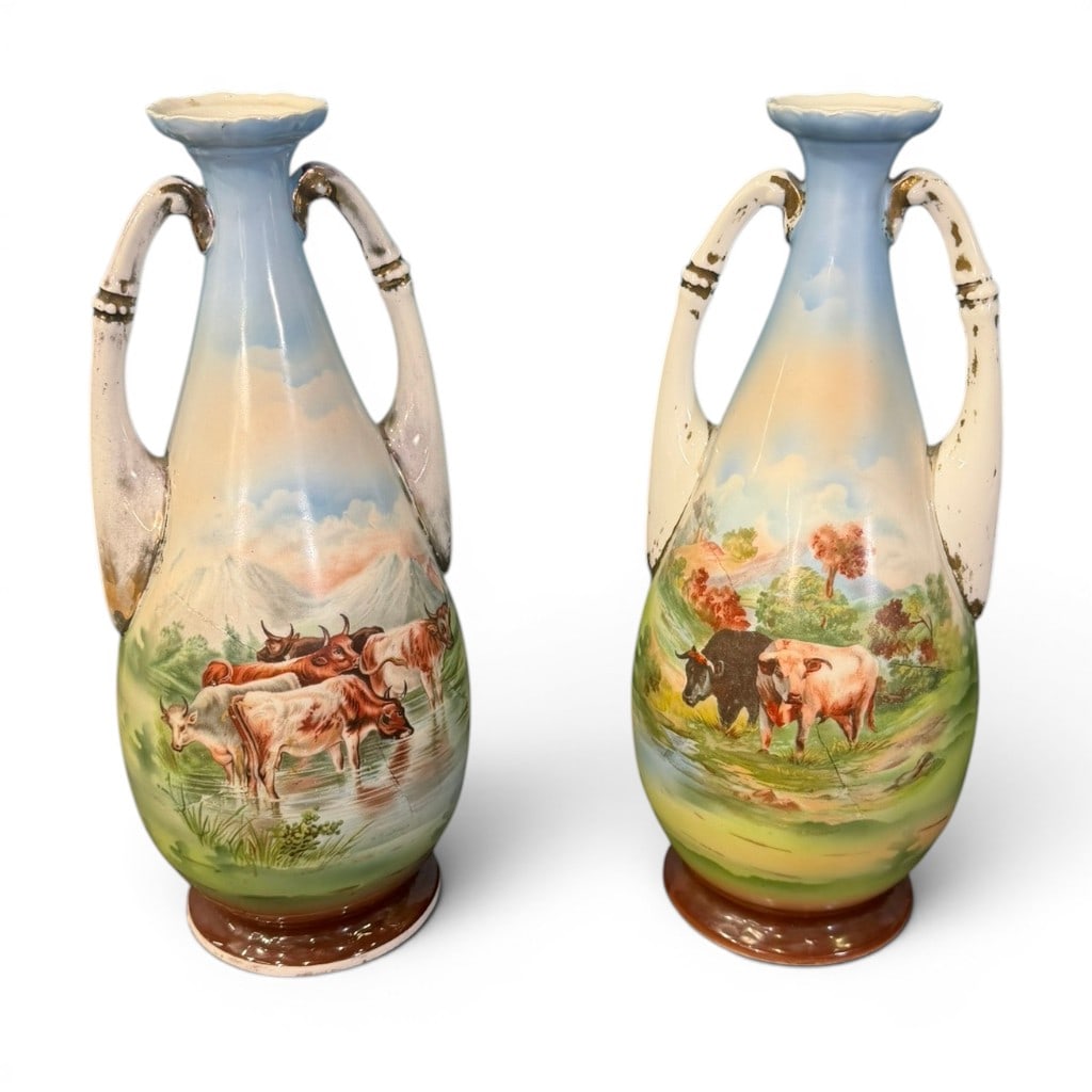 Pair of Victoria Austria Porcelain Pastoral Cattle Scene Vases, early 20th century (1 of 4)