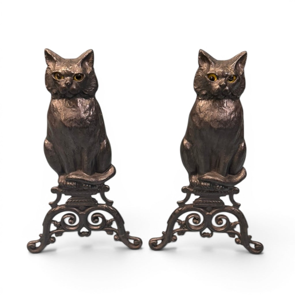 Pair of Cast Iron Cat Andirons with Glass Eyes Late 19th C. (1 of 5)