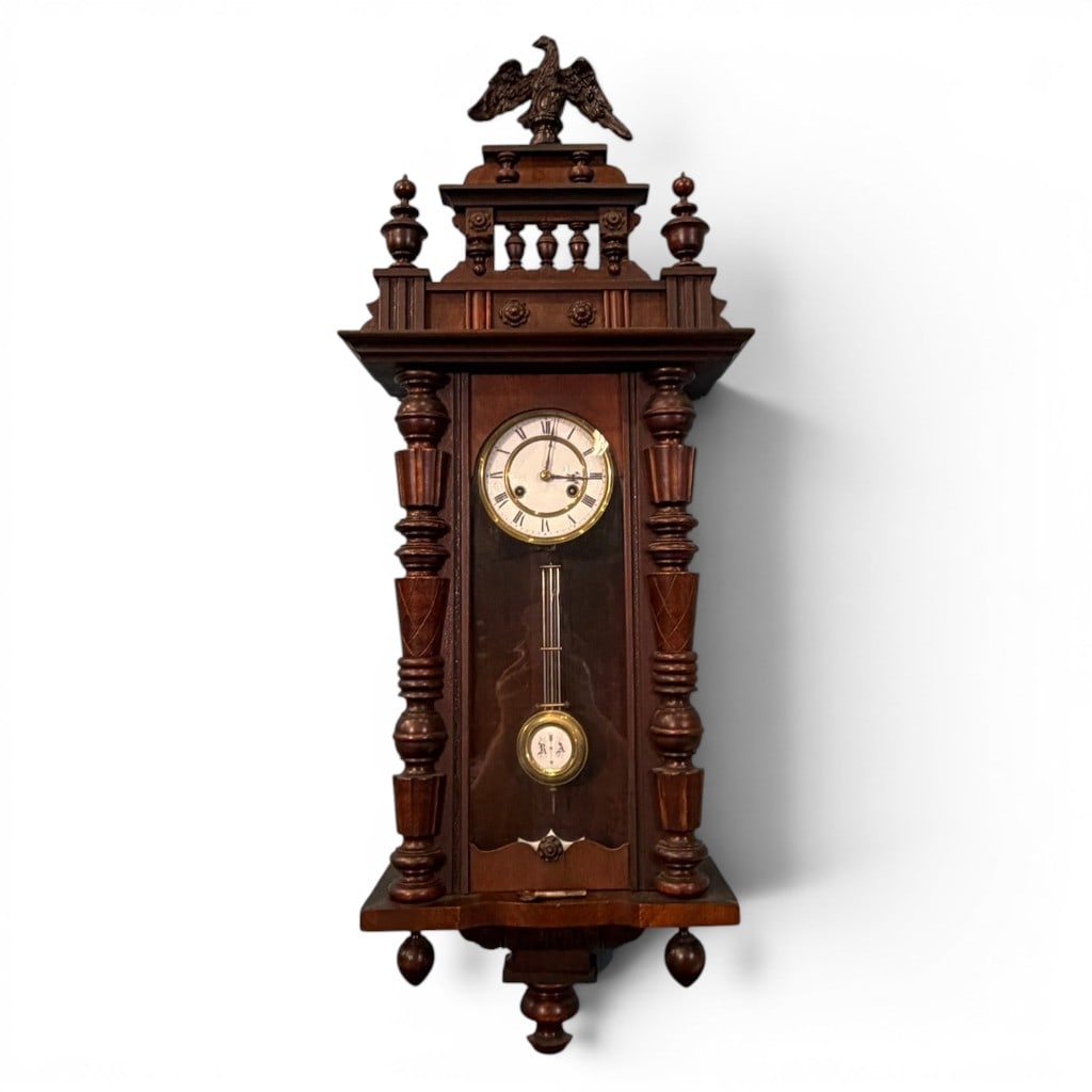 Late Victorian Walnut Vienna Regulator-Style Wall Clock with Eagle Crest, c. 1890 (1 of 6)