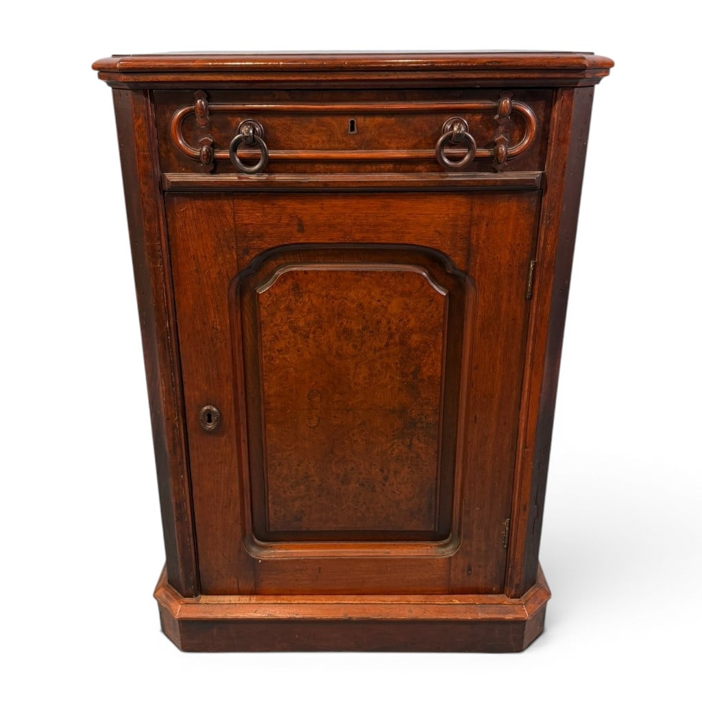 Victorian Birch Veneer Bedside Commode, Late 19th Century: Victorian bedside commode, late 19th century, in birch veneer and mixed woods, having a molded rectangular top with chamfered front corners above a single upper drawer fitted with carved pulls and