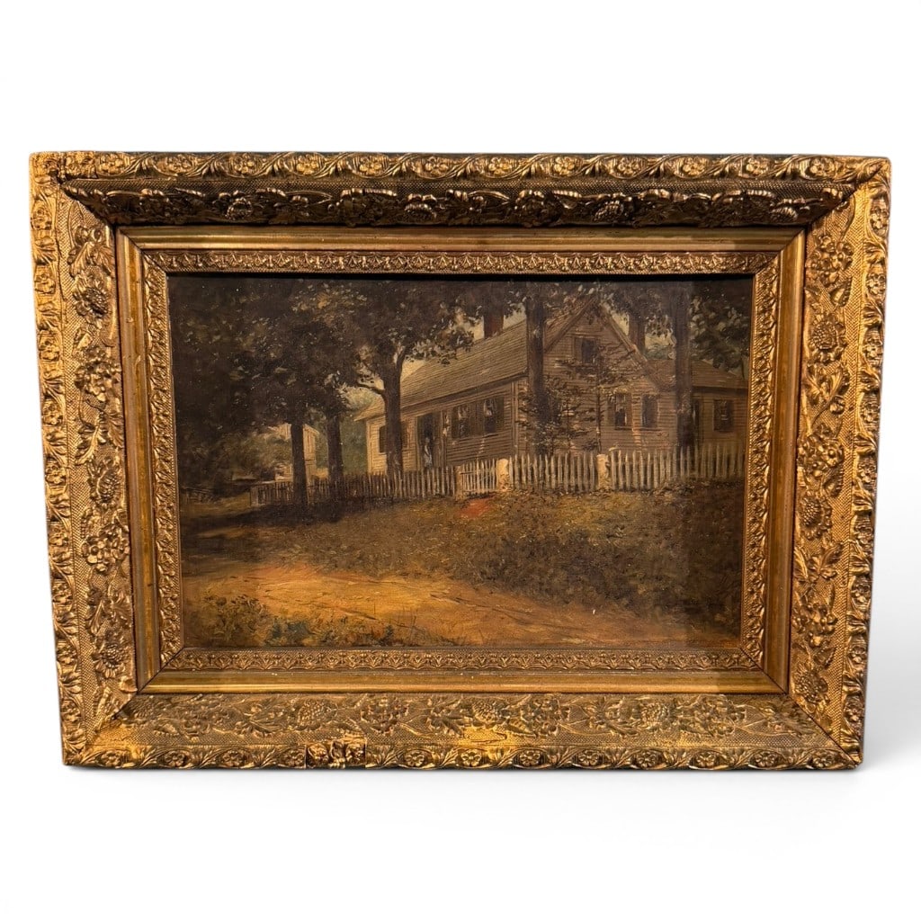 Oil on Canvas, American School Country House Landscape: American School oil on canvas landscape depicting a rural country house or farmhouse set behind a white picket fence, shaded by mature trees, with a winding dirt road in the foreground. The
