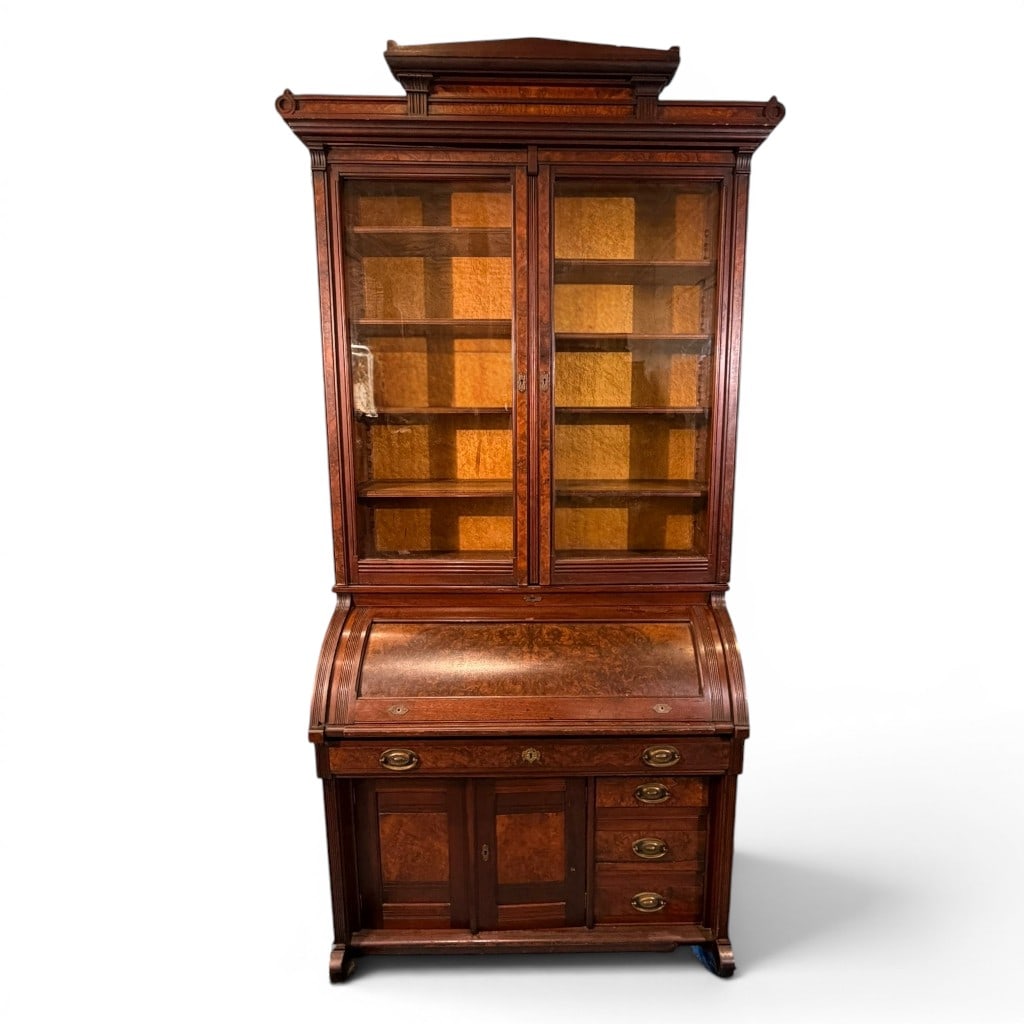 Victorian Eastlake Burl Walnut Secretary Bookcase (1 of 5)