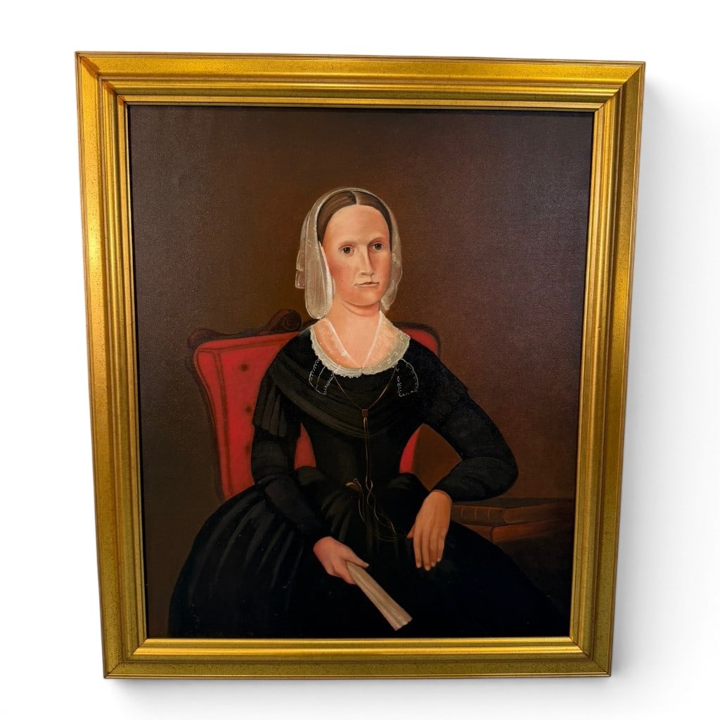 American Folk Art Portrait of a Woman, 1998: An American folk art oil on canvas portrait of a seated woman, signed on the reverse ?Cass Holly? and dated 1998. The sitter is depicted in mid-19th century dress, wearing a black gown with white