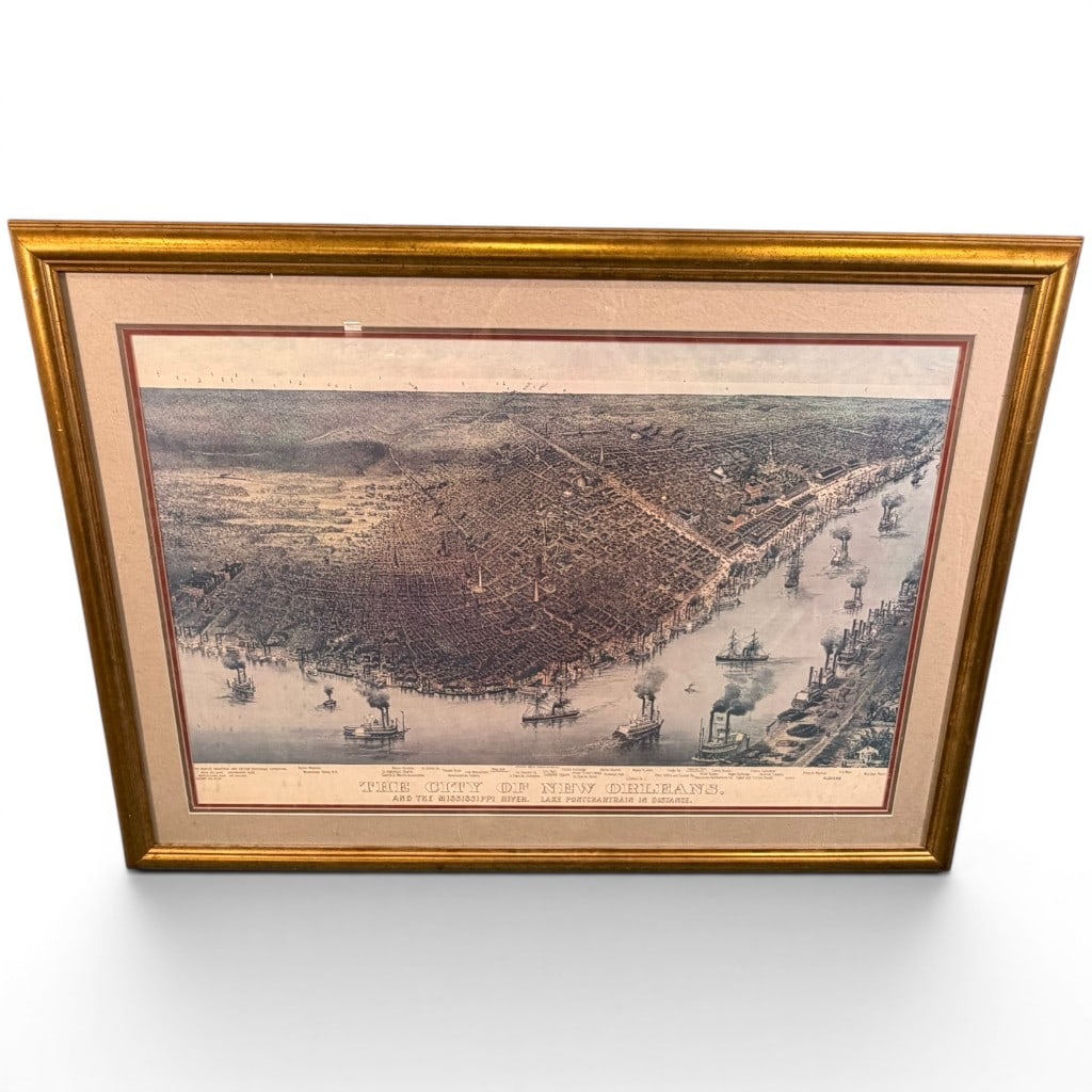 Framed Currier & Ives New Orleans Bird?s-Eye View Print: Framed print after Currier & Ives, titled The City of New Orleans, and the Mississippi River. Lake Pontchartrain in Distance, after the original 1885 bird?s-eye view published in New York by Currier