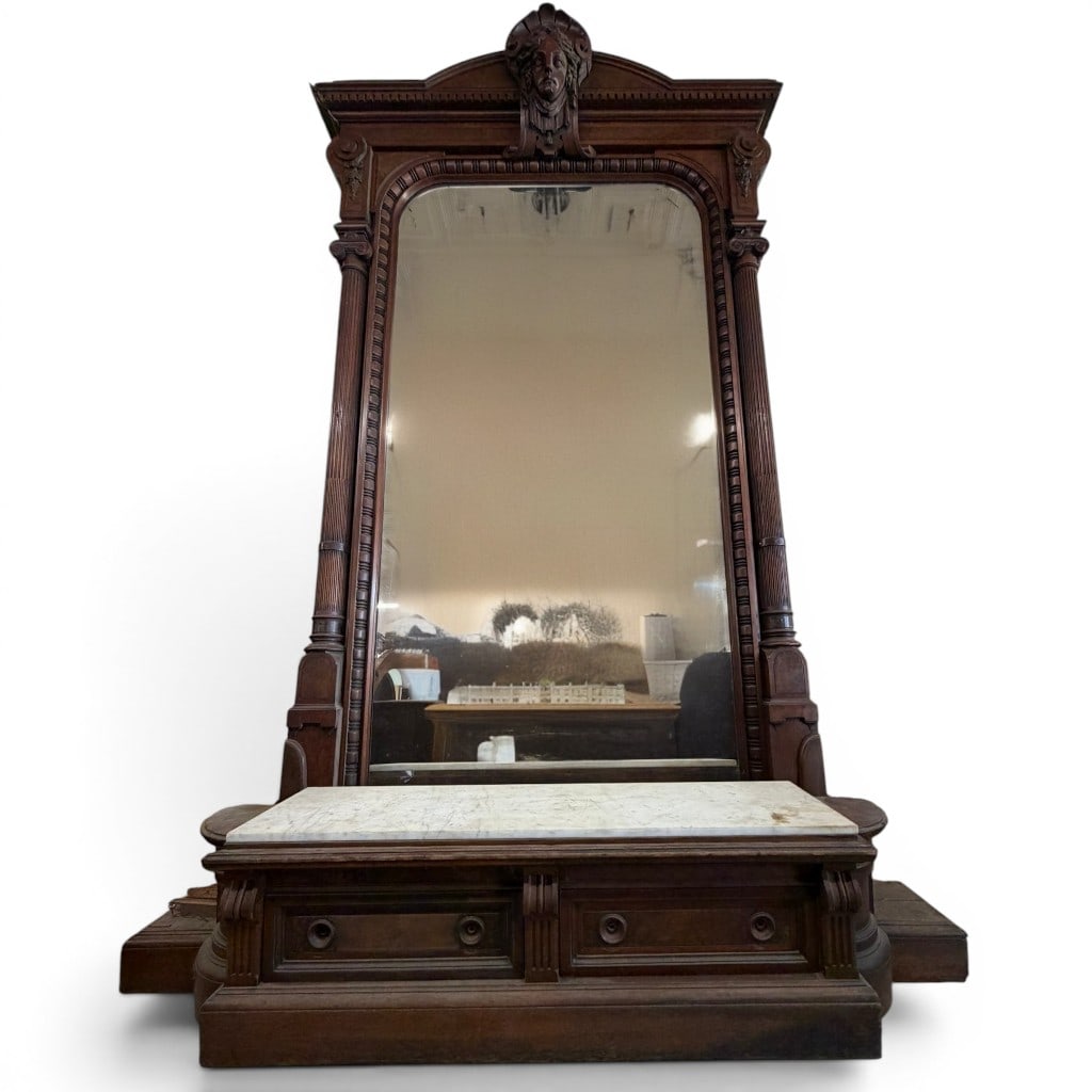 Monumental Victorian Renaissance Revival Walnut Pier Mirror with Marble-Top Base, Late 19th C. (1 of 5)