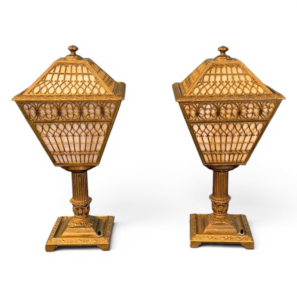 Pair of Antique Slag Glass Table Lamps, Late 19th / Early 20th Century (1 of 7)