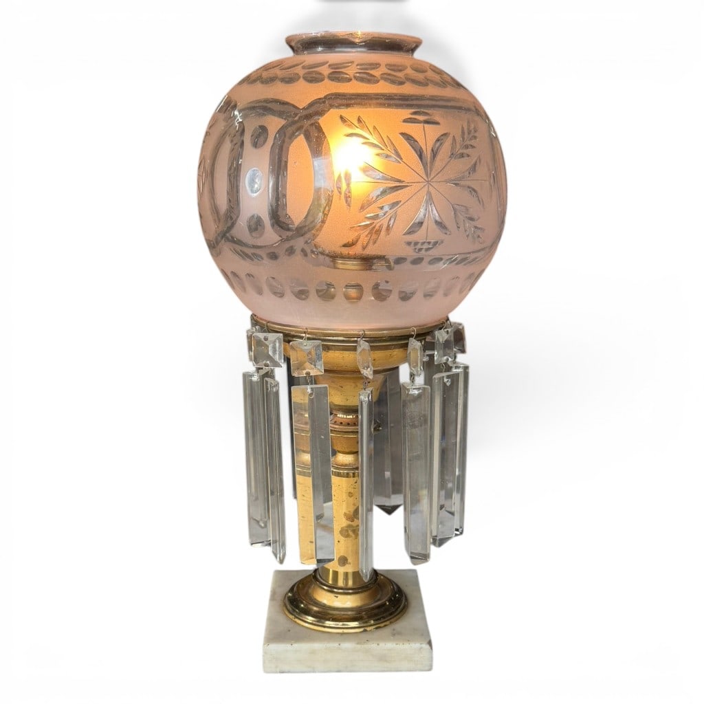 Brass and Marble Solar Lamp: Mid-19th century brass solar lamp, now electrified, with turned brass standard on square white marble plinth base, circular brass gallery hung with rectangular cut prisms, and frosted and cut glass gl