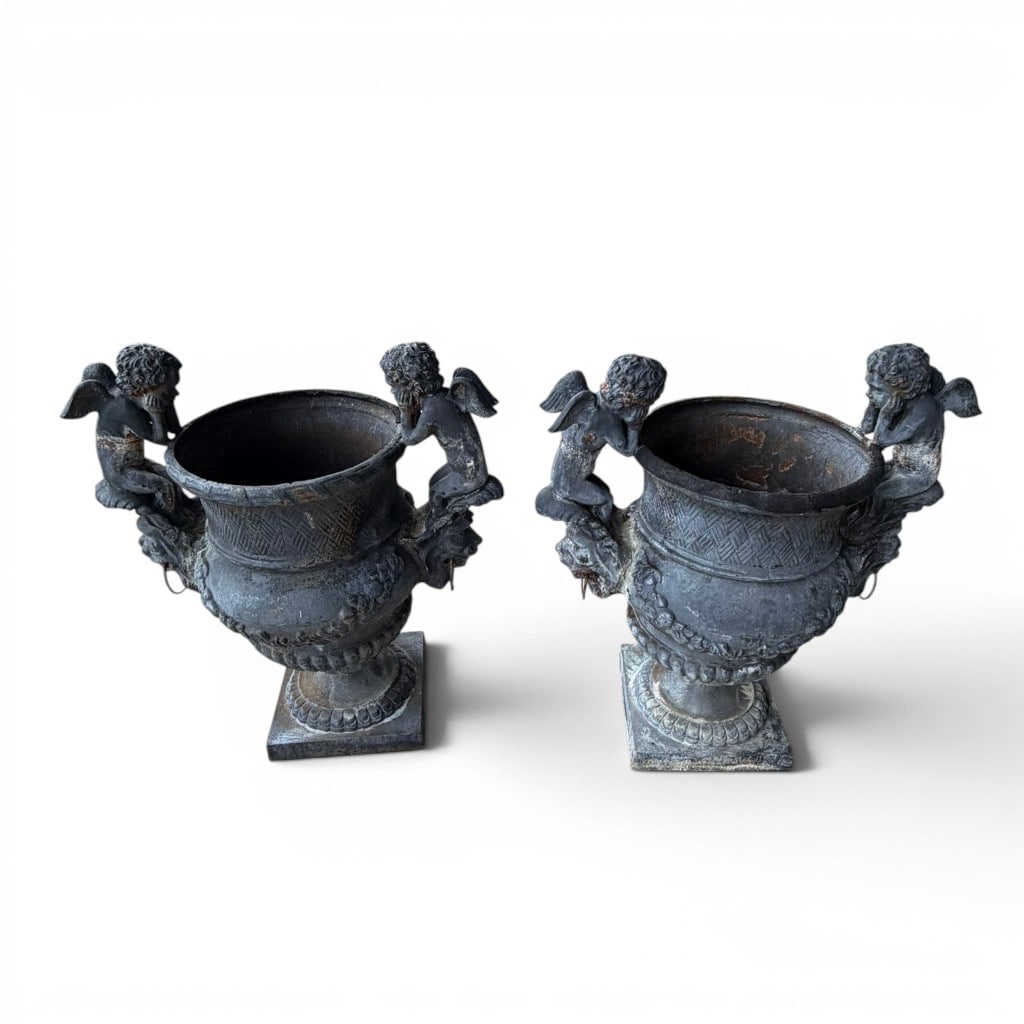 Pair of Monumental Cast Iron Putti Garden Urns (1 of 5)