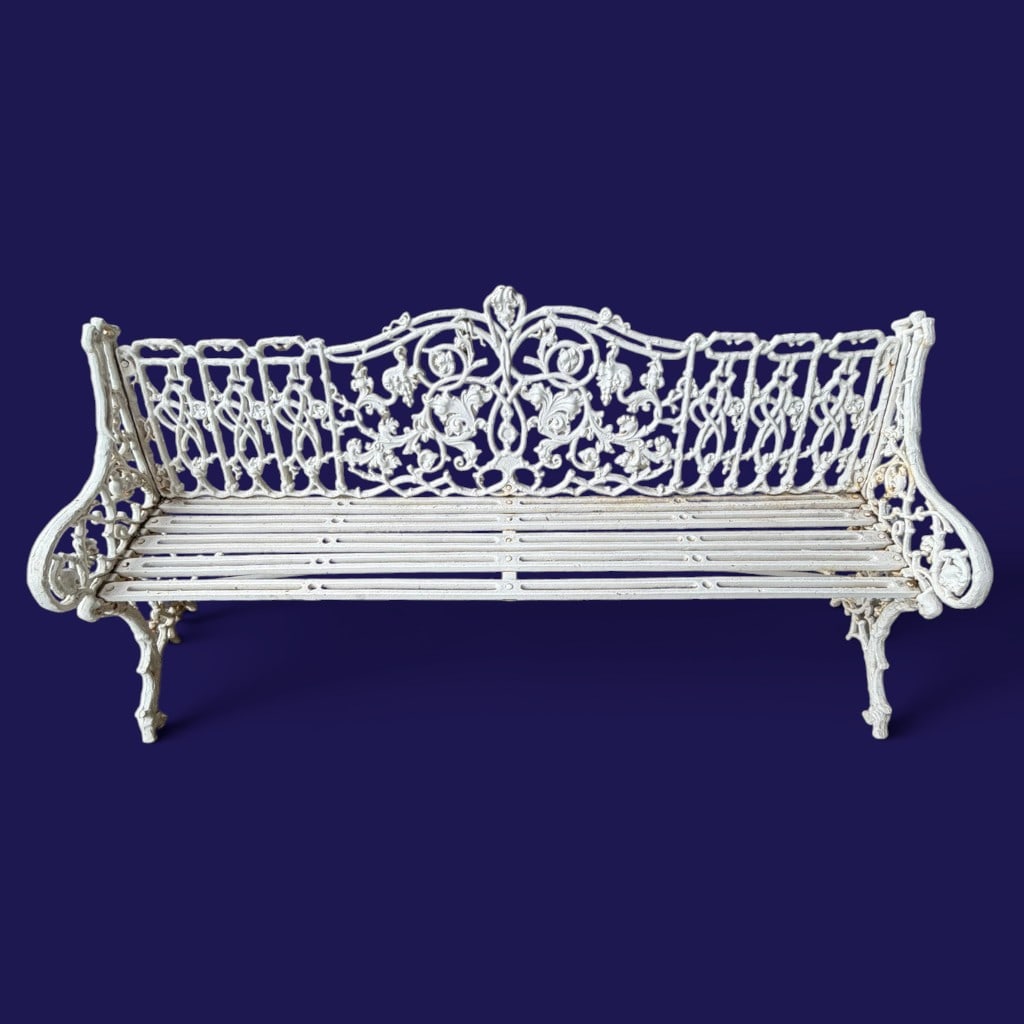 Long White Cast Iron Garden Bench, Grape and Vine Pattern (1 of 4)
