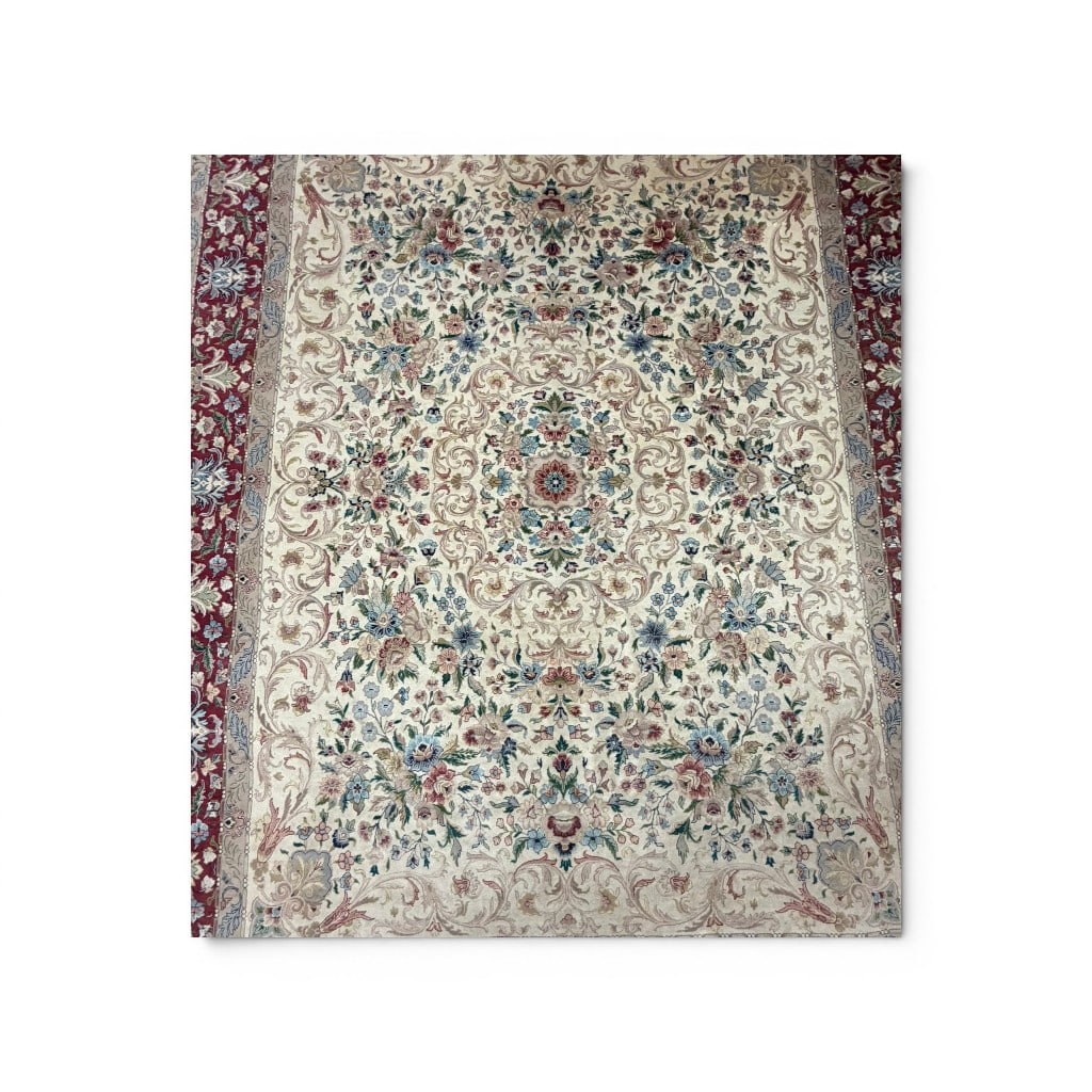 Persian Style Floral Carpet, 12 ft 6 in x 9 ft 2 in: Persian style floral carpet, having an ivory field centered by a floral medallion and filled with scrolling foliate vines, floral sprays, and palmette decoration, within a red floral border and