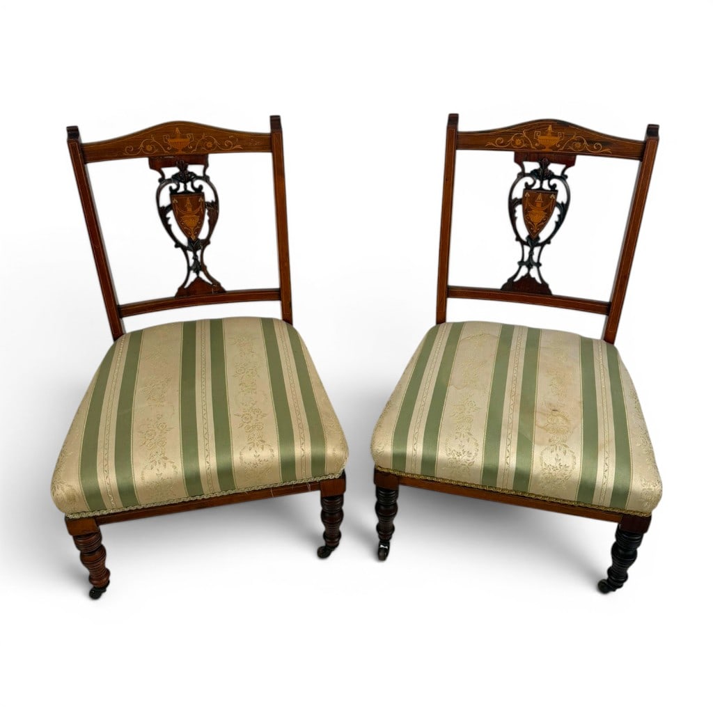 Pair Edwardian Inlaid Mahogany Chairs (1 of 7)