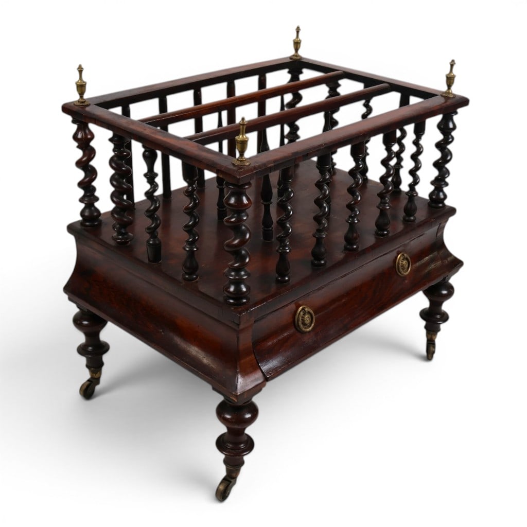 English Regency Rosewood Canterbury: Origin: EnglandDate: Circa 1825-1840Period/Style: Late Regency / William IVMaterials: Rosewood and rosewood veneers, secondary woods, brass hardware, and brass castersForm: Canterbury or sheet-music s