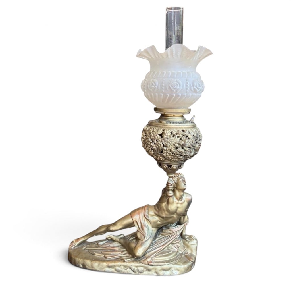 Attrib. B&H Soldat Spartiate Oil Lamp: Maker: Attributed to Bradley & Hubbard Manufacturing CompanySculptural Model: After Jean-Pierre Cortot (French, 1787-1843)Origin: Probably Meriden, ConnecticutDate: Circa 1880-1900Period/Style: Americ