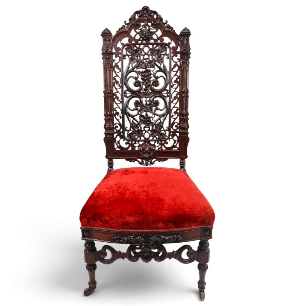 Renaissance Revival Carved Rosewood High-Back Chair, Attr. to Alexander Roux: Maker: Attributed to Alexander Roux (French-American, 1813-1886)Origin: New York, New YorkDate: Circa 1860-1875Period/Style: American Renaissance RevivalMaterials: Rosewood, secondary woods, red velve