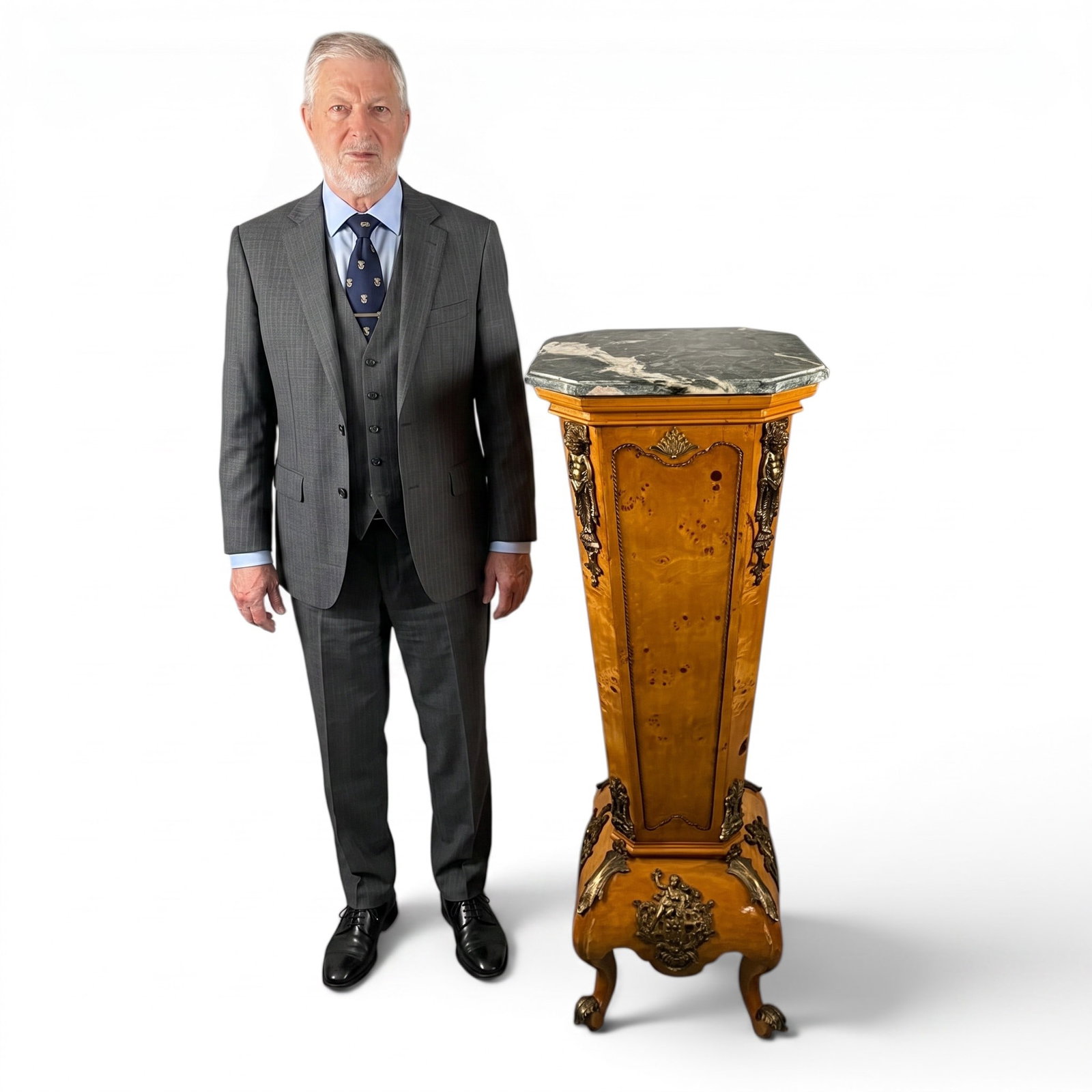 Louis XV-Style Figured Maple Pedestal: Origin: Continental, probably FranceDate: Late 19th early 20th centuryPeriod/Style: Louis XV Revival, Belle EpoqueMaterials: Figured maple or birch veneer, gilt metal, and green-veined marble. Form: D