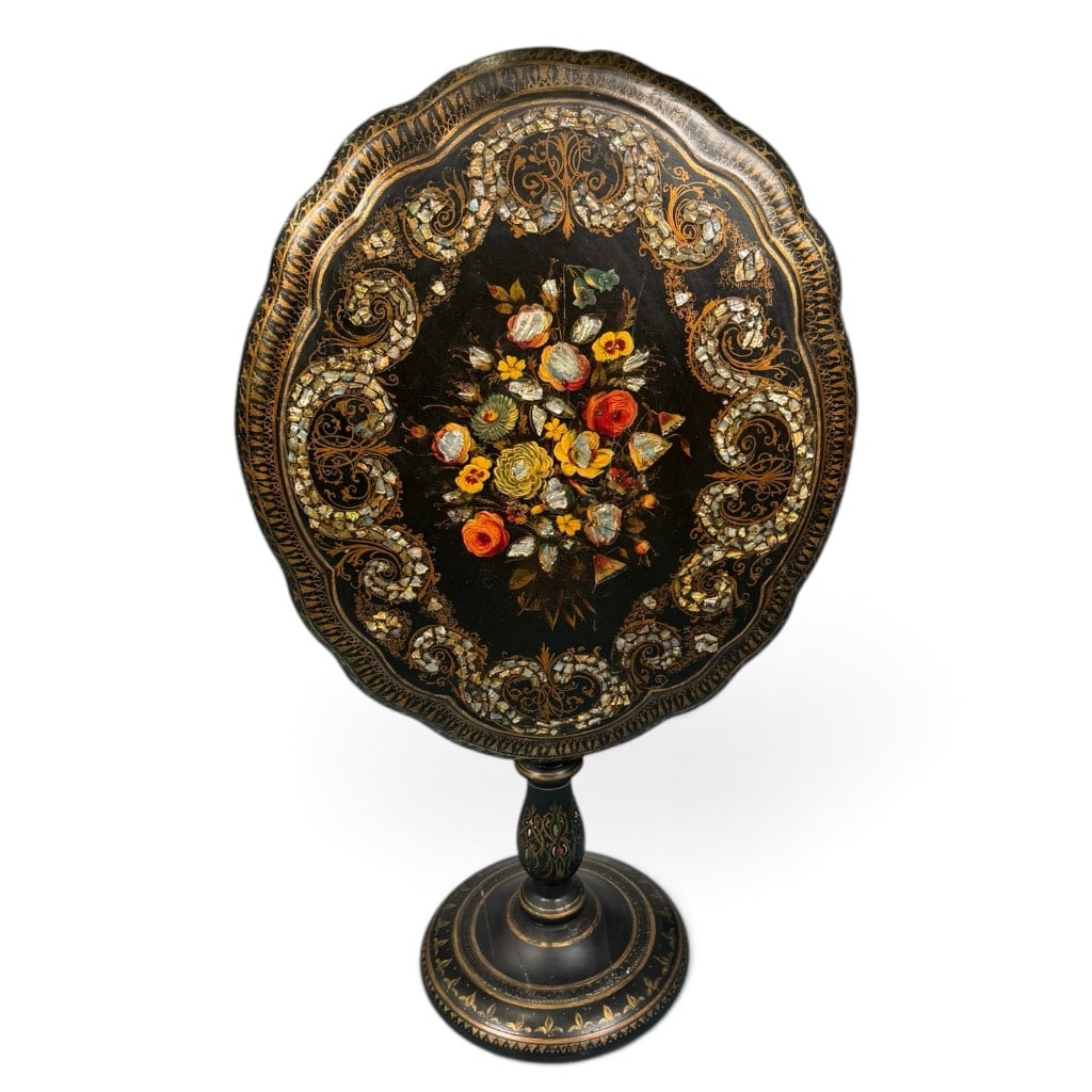 English Papier-Mache Mother-of-Pearl Table: Origin: England, probably BirminghamDate: Circa 1850-1870Period/Style: VictorianMaterials: Black-lacquered papier-mache, ebonized wood, mother-of-pearl, polychrome decoration, gilding, and metal